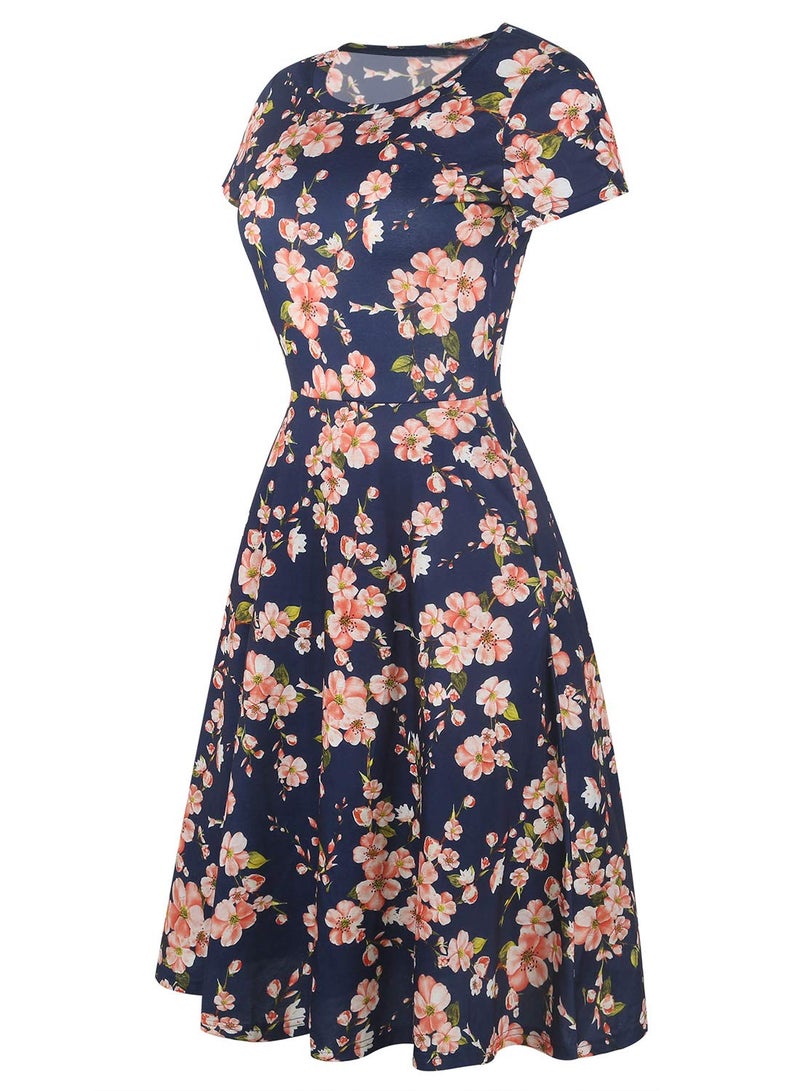HELYO Prime Wardrobe Womens Clothing Vintage Beautiful Casual Short Sleeve Ladies Floral Fit Flare Party Cocktail 50s Office Blend Swing Dress 162 (M, Navy) - Image 5
